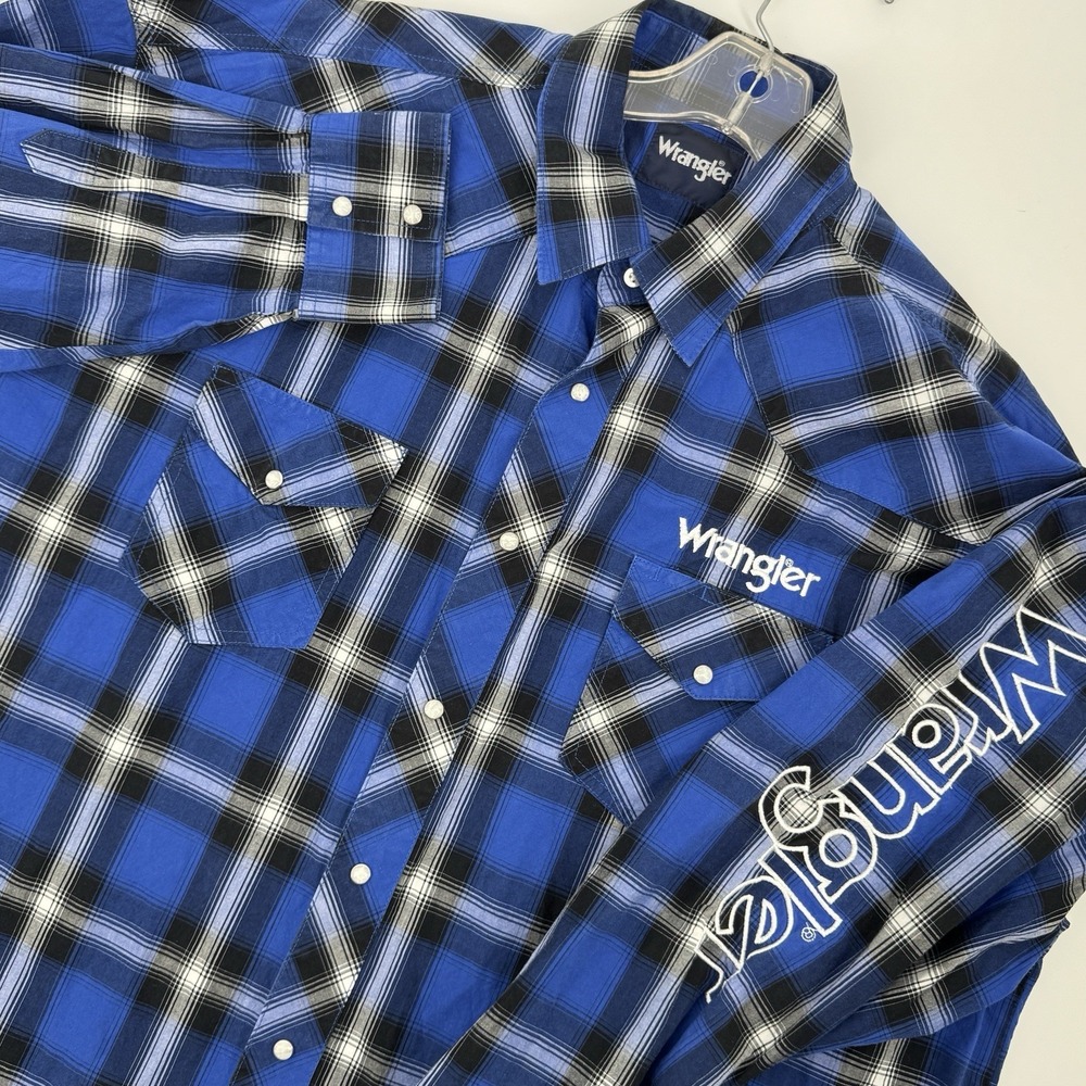 Wrangler Plaid Western Pearl Snap Shirt XXL Blue Y2K Cowboy Rodeo Workwear - Picture 1 of 9